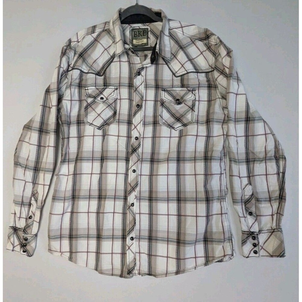 BKE Pearl Snap Button Shirt Mens XL Athletic Fit Black White Plaid Long Sleeve